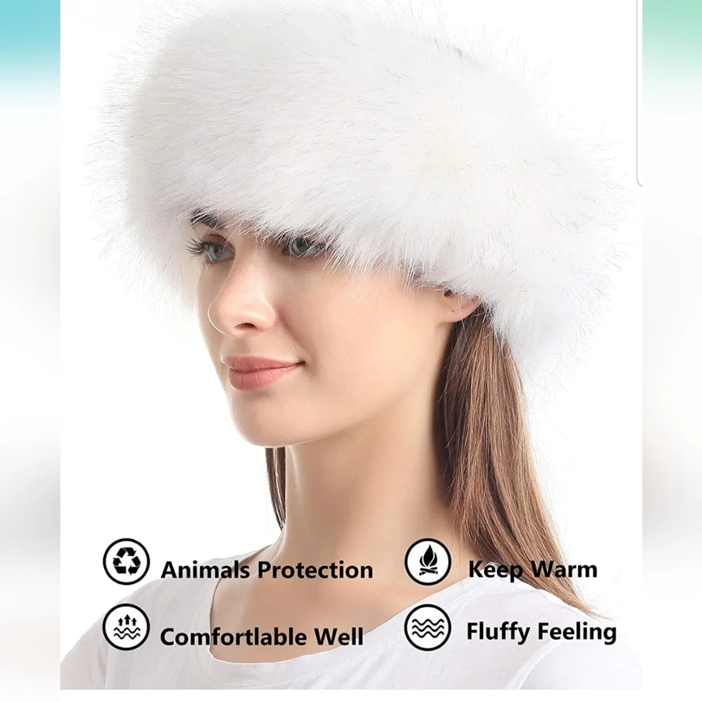 Off-White Faux Fox Fur Headband Fluffy Winter Ear Warmer OS
